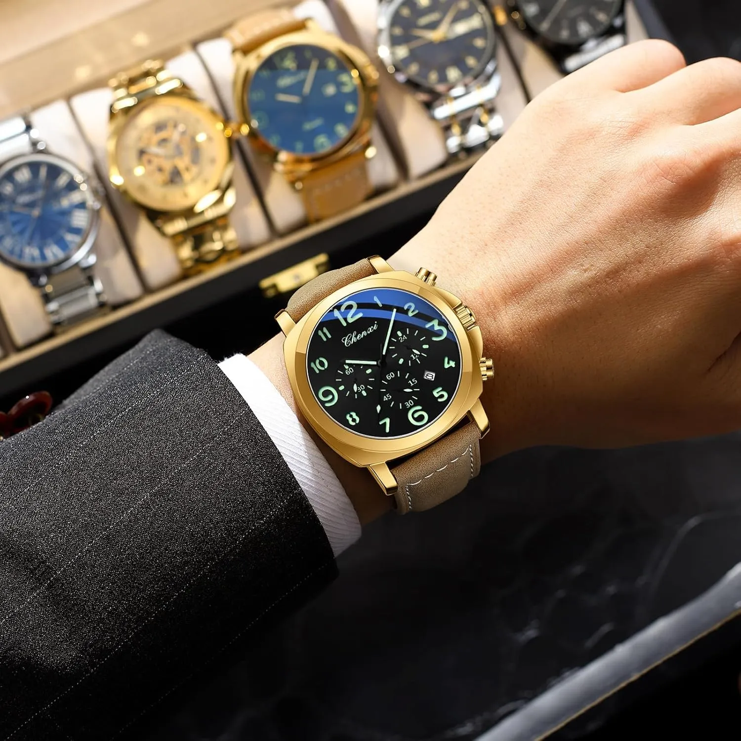 FANMIS Mens Watches Men Easy to Read Quartz Watch 30M Waterproof Luminous Casual Sports Business Men's Leather Watch for Men Fashion Designer Dress Wristwatch