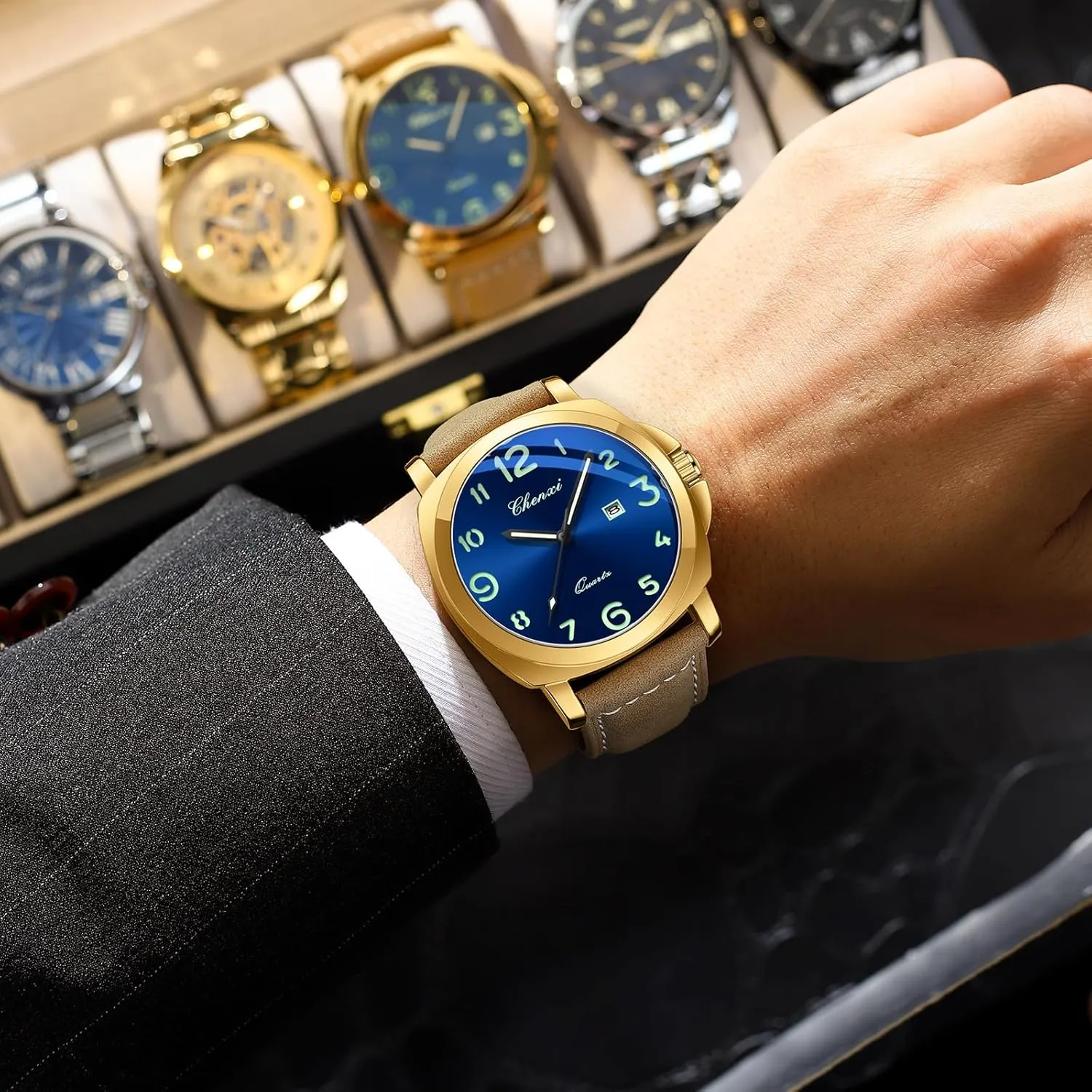 FANMIS Mens Watches Men Easy to Read Quartz Watch 30M Waterproof Luminous Casual Sports Business Men's Leather Watch for Men Fashion Designer Dress Wristwatch