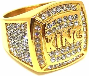 Fanshu Stainless Steel King Gold Plated Bling Iced Out Ring with Cubic Zirconia Stones for Men Women Friends Gift Bold Statement Fashion Jewelry