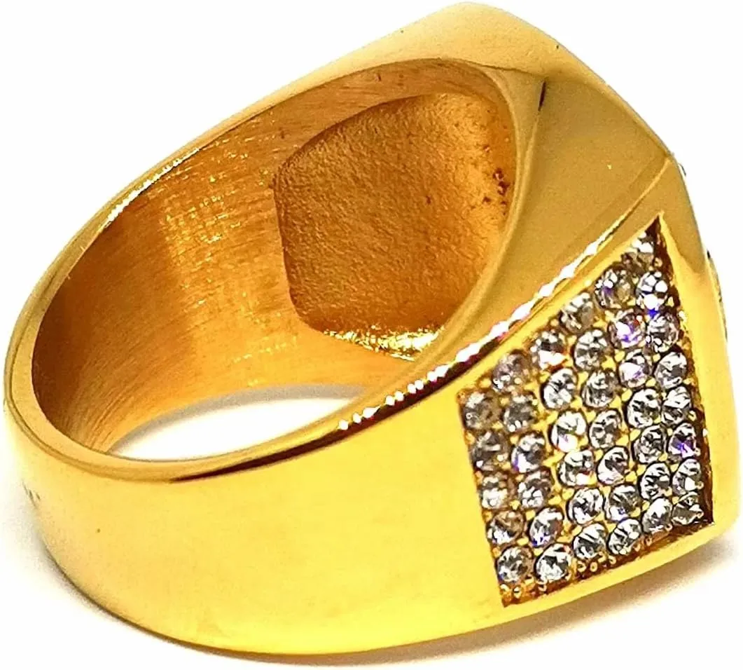 Fanshu Stainless Steel King Gold Plated Bling Iced Out Ring with Cubic Zirconia Stones for Men Women Friends Gift Bold Statement Fashion Jewelry