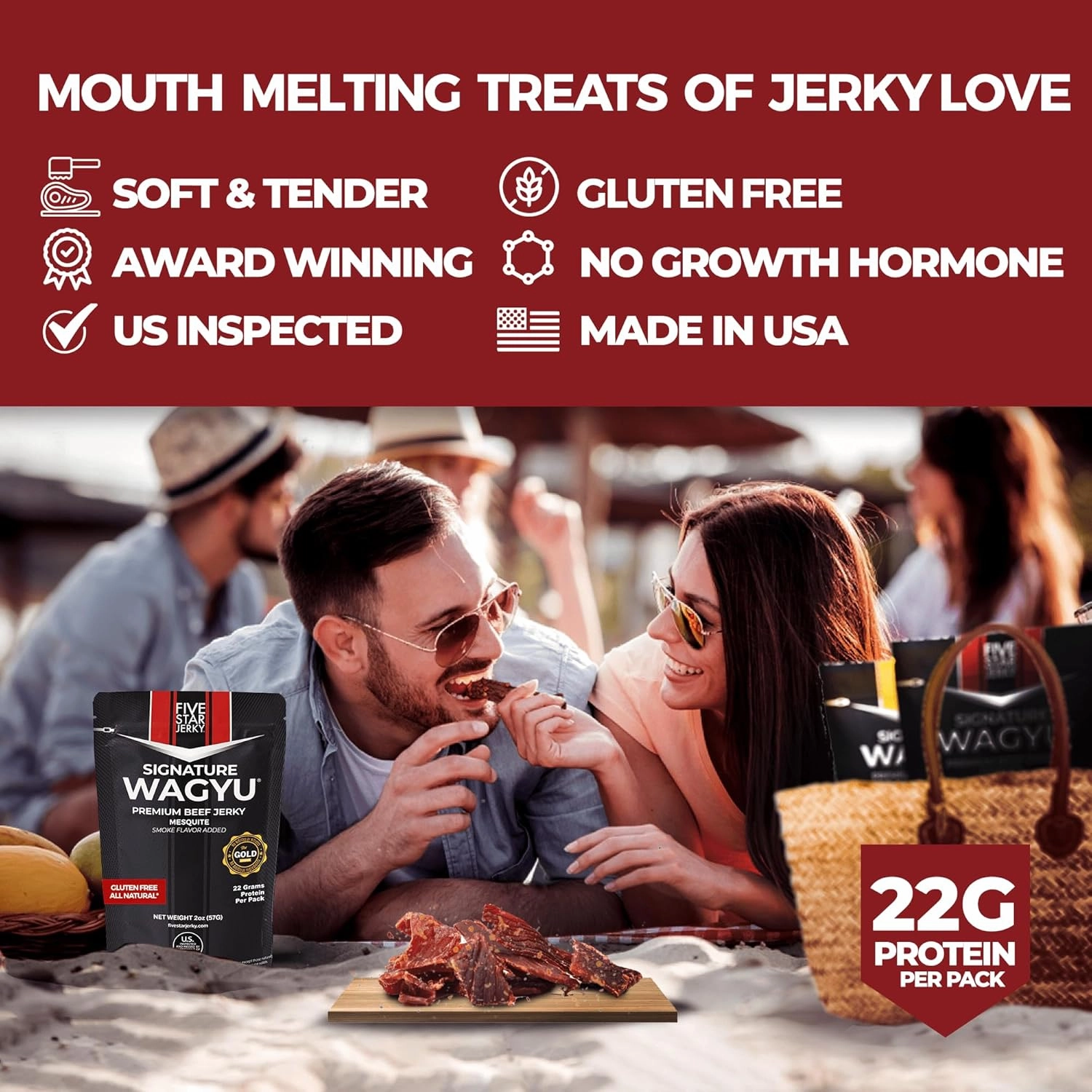 Five Star Signature Wagyu Mesquite Beef Jerky, Soft & Mouth Melting Tender Jerky, Award-Winning Gourmet Premium, No Artificial Ingredients, Nitrate/Nitrite-Free, Gluten-Free (4 Pack of 2oz-Total 8oz)