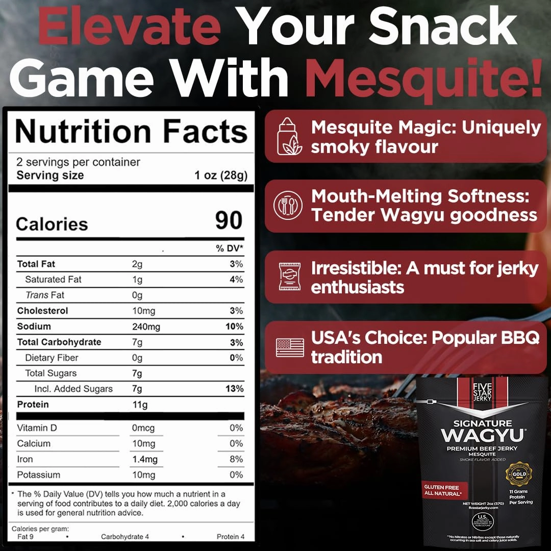 Five Star Signature Wagyu Mesquite Beef Jerky, Soft & Mouth Melting Tender Jerky, Award-Winning Gourmet Premium, No Artificial Ingredients, Nitrate/Nitrite-Free, Gluten-Free (4 Pack of 2oz-Total 8oz)
