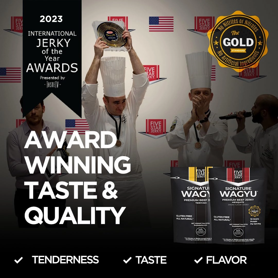 Five Star Signature Wagyu Mesquite Beef Jerky, Soft & Mouth Melting Tender Jerky, Award-Winning Gourmet Premium, No Artificial Ingredients, Nitrate/Nitrite-Free, Gluten-Free (4 Pack of 2oz-Total 8oz)
