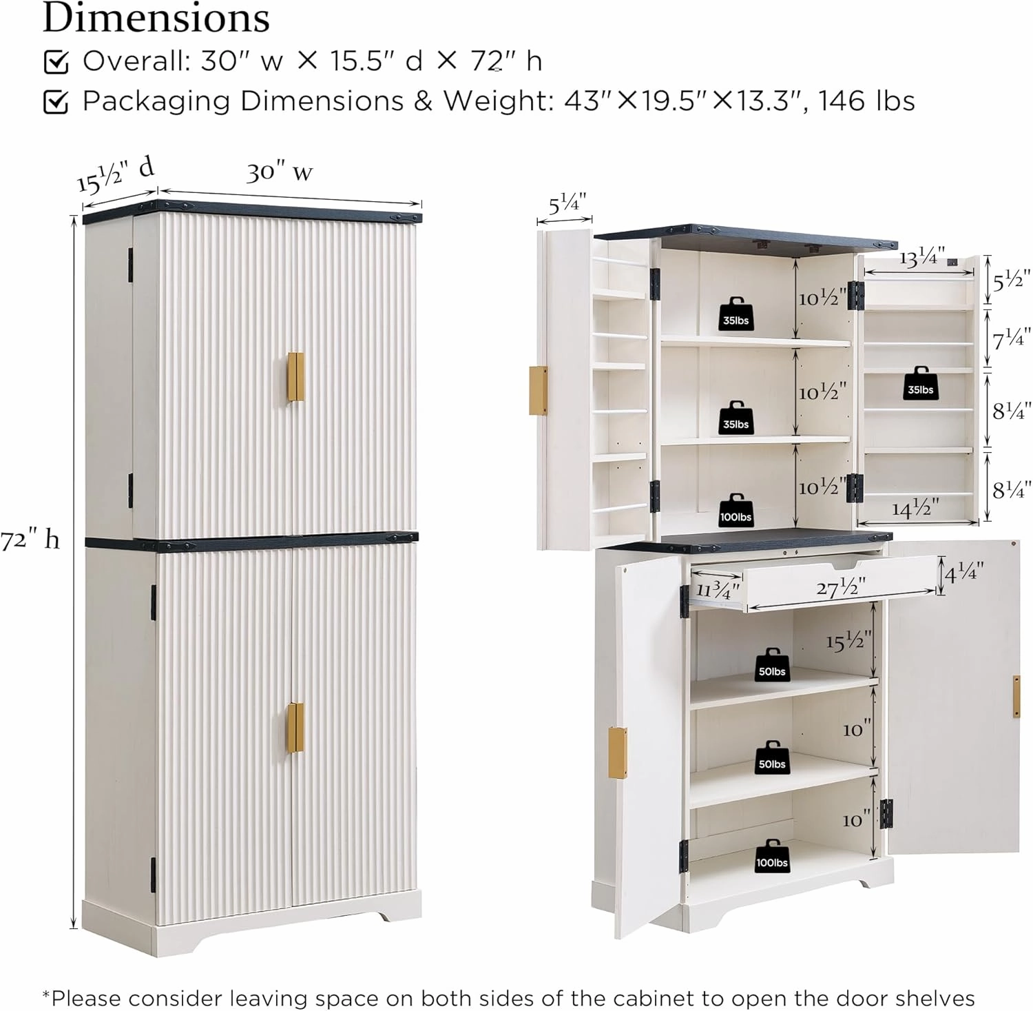 Fluted Pantry Cabinet, 72" Tall Modern Storage Cabinet with 4 Doors, Organizer, Drawer and Adjustable Shelves, Wood Cupboard for Kitchen, Dining Room, Living Room and Bathroom, Off White