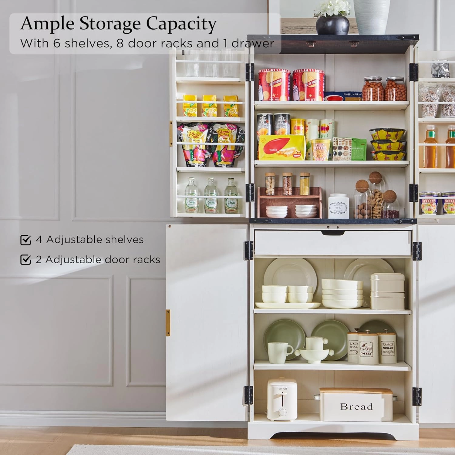 Fluted Pantry Cabinet, 72" Tall Modern Storage Cabinet with 4 Doors, Organizer, Drawer and Adjustable Shelves, Wood Cupboard for Kitchen, Dining Room, Living Room and Bathroom, Off White