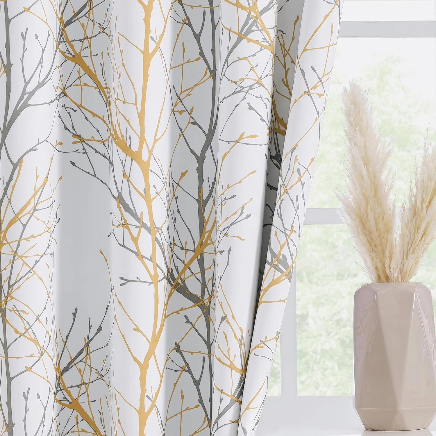 FMFUNCTEX 100% Blackout Curtains Yellow White Tree Liner Curtains for Bedroom, Branch Partterned Curtains 84 inch Length for Living Room, Room Darkening Thermal Insulated Drapes, Grommet Top 2 Panels