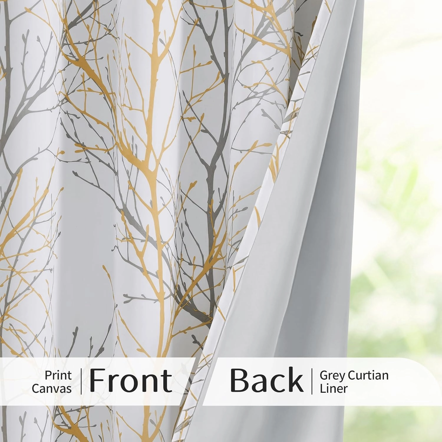 FMFUNCTEX 100% Blackout Curtains Yellow White Tree Liner Curtains for Bedroom, Branch Partterned Curtains 84 inch Length for Living Room, Room Darkening Thermal Insulated Drapes, Grommet Top 2 Panels
