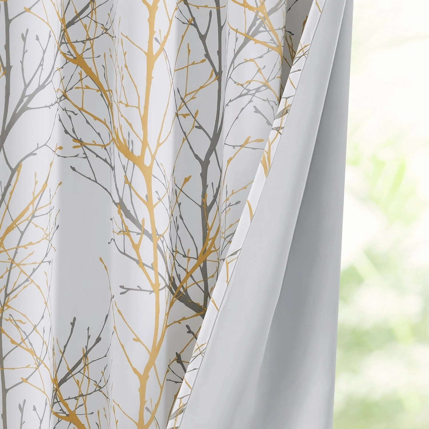 FMFUNCTEX 100% Blackout Curtains Yellow White Tree Liner Curtains for Bedroom, Branch Partterned Curtains 84 inch Length for Living Room, Room Darkening Thermal Insulated Drapes, Grommet Top 2 Panels