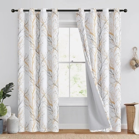 FMFUNCTEX 100% Blackout Curtains Yellow White Tree Liner Curtains for Bedroom, Branch Partterned Curtains 84 inch Length for Living Room, Room Darkening Thermal Insulated Drapes, Grommet Top 2 Panels