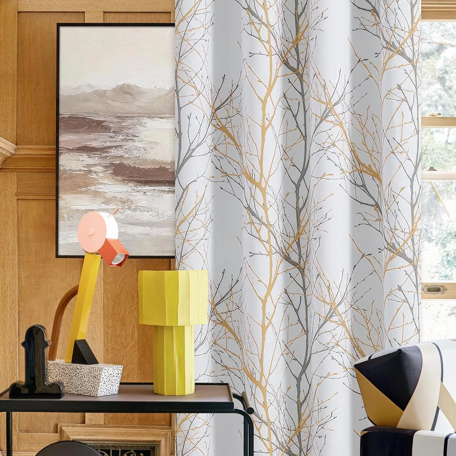 FMFUNCTEX 100% Blackout Curtains Yellow White Tree Liner Curtains for Bedroom, Branch Partterned Curtains 84 inch Length for Living Room, Room Darkening Thermal Insulated Drapes, Grommet Top 2 Panels