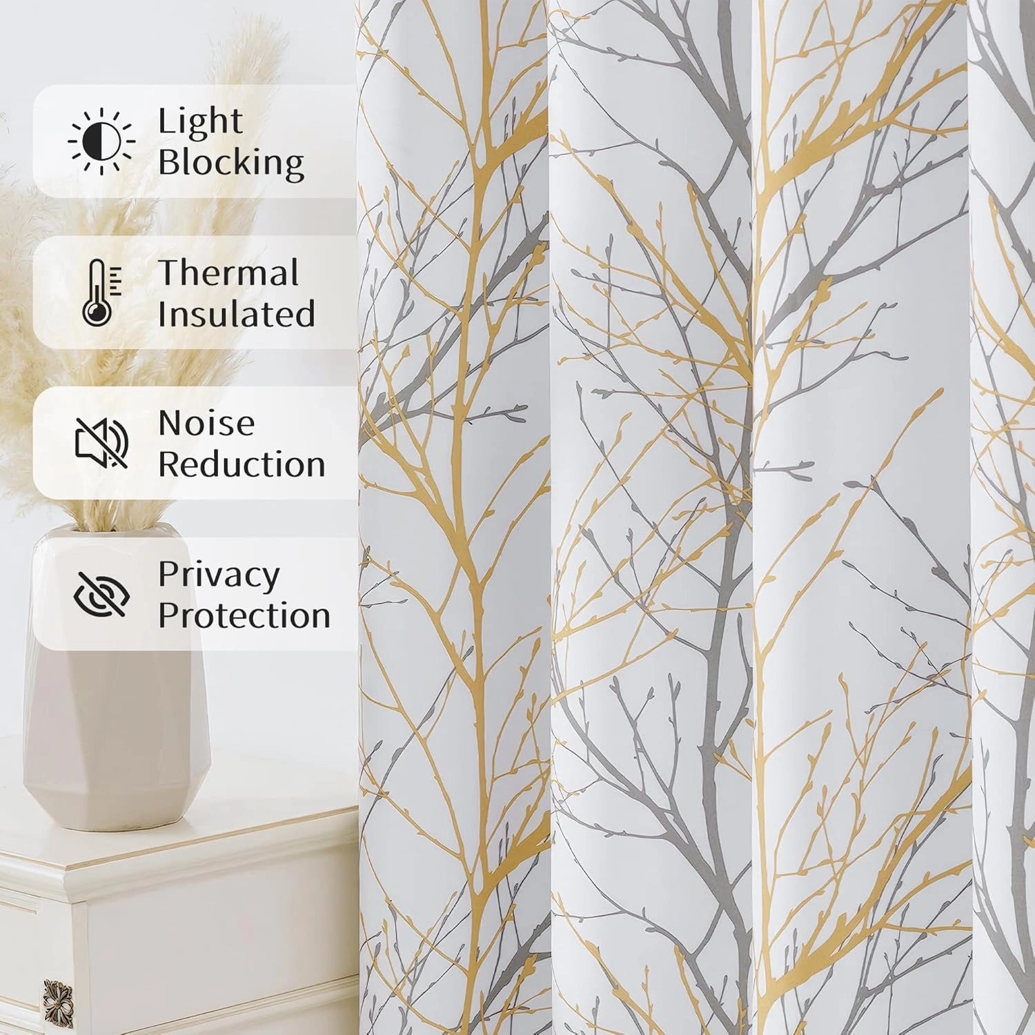 FMFUNCTEX 100% Blackout Curtains Yellow White Tree Liner Curtains for Bedroom, Branch Partterned Curtains 84 inch Length for Living Room, Room Darkening Thermal Insulated Drapes, Grommet Top 2 Panels