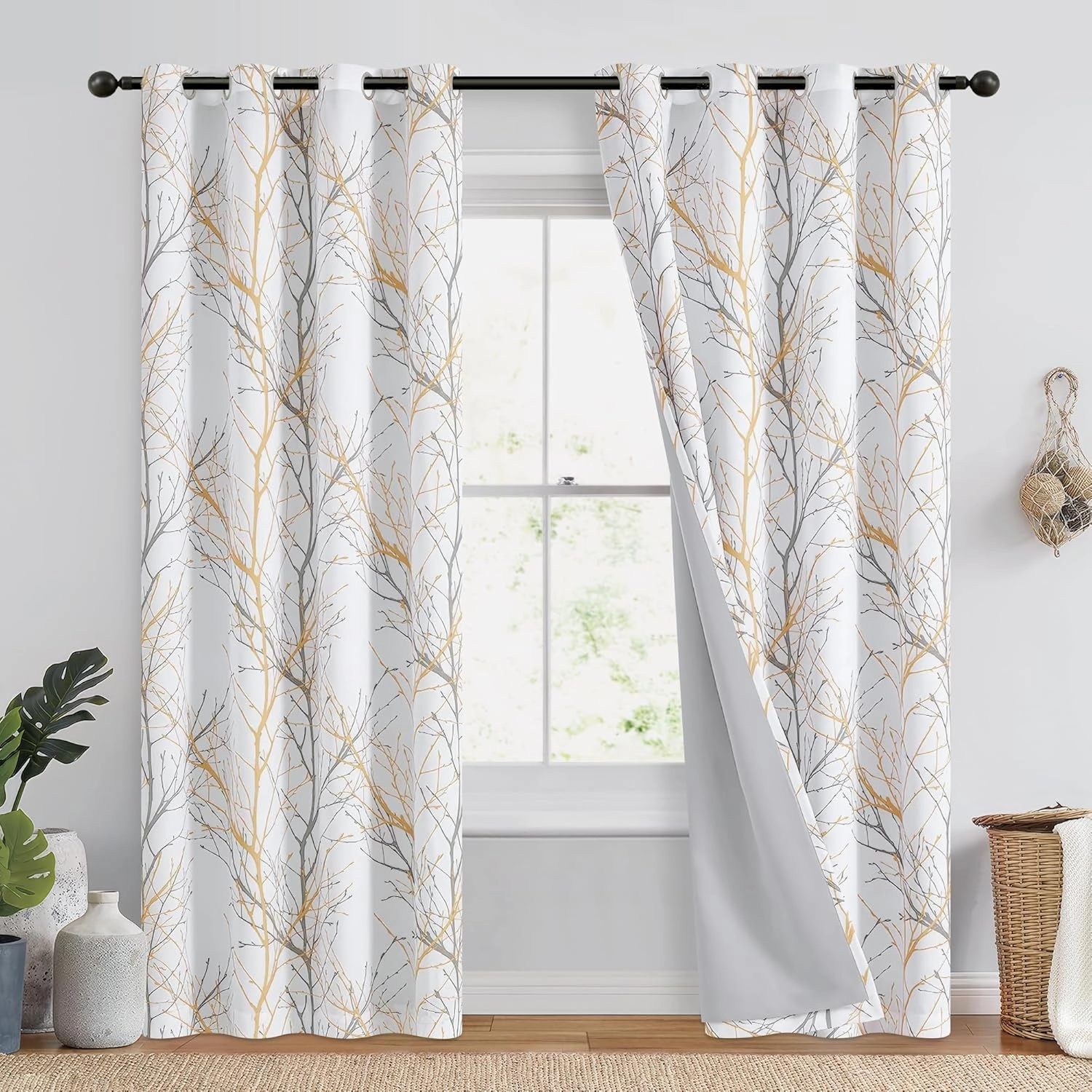 FMFUNCTEX 100% Blackout Curtains Yellow White Tree Liner Curtains for Bedroom, Branch Partterned Curtains 84 inch Length for Living Room, Room Darkening Thermal Insulated Drapes, Grommet Top 2 Panels