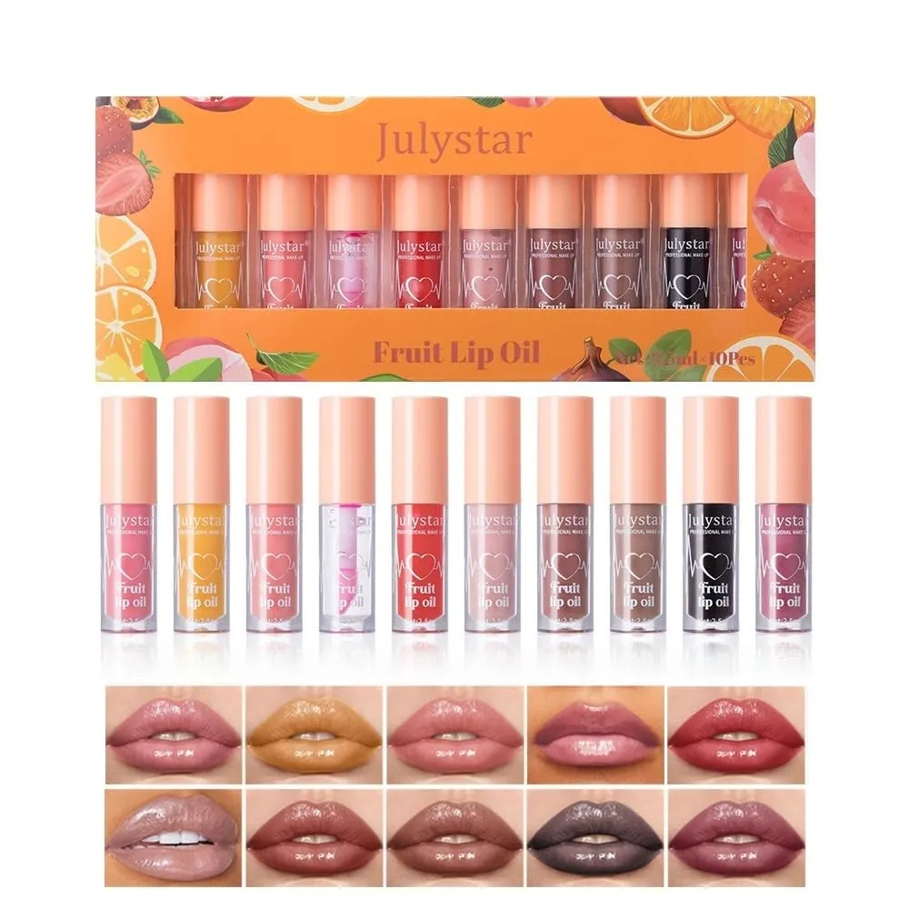 Fruit Lip Oil - Moisturizing Lip Gloss with Various Flavors, Glossy, Dewy, and Hydrating - Temperature Changing & Fruity Scented Lip Care - 10pcs Set (Pink, M)