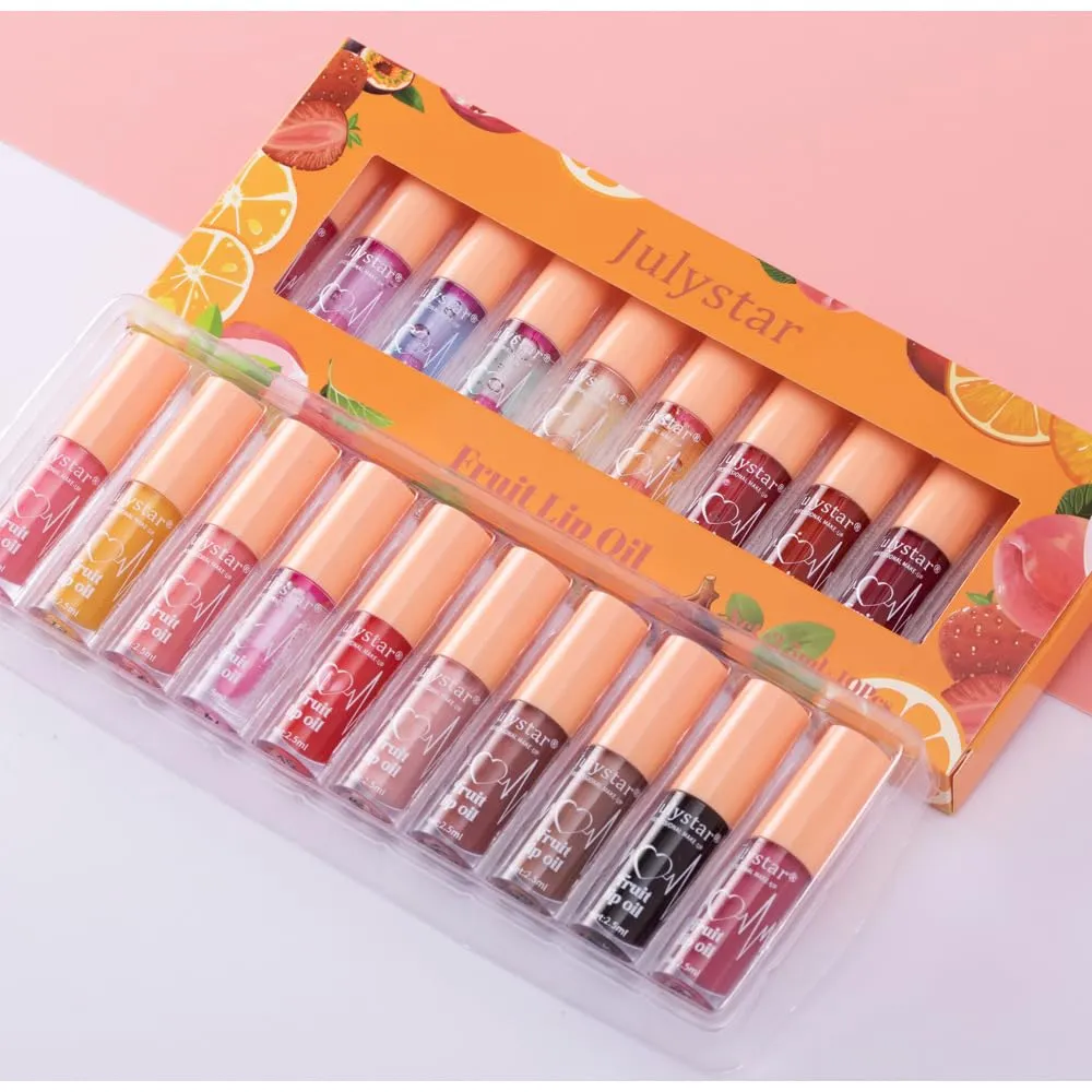 Fruit Lip Oil - Moisturizing Lip Gloss with Various Flavors, Glossy, Dewy, and Hydrating - Temperature Changing & Fruity Scented Lip Care - 10pcs Set (Pink, M)