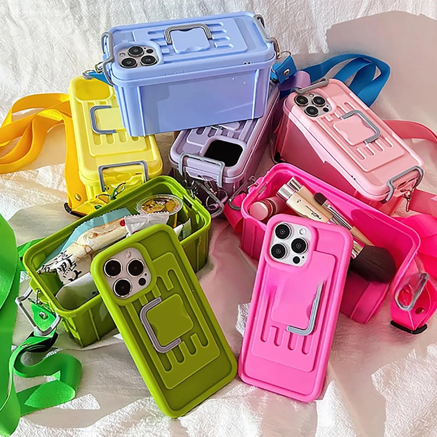 Funny Suitcase Crossbody Phone Case, Creative Silicone Cross Body Phone Case with Storage Box 2 in 1 Crossbody Bag Shape Phone Case Can Hold Lipstick Foundation Keys Cards (for iPhone15,Green)