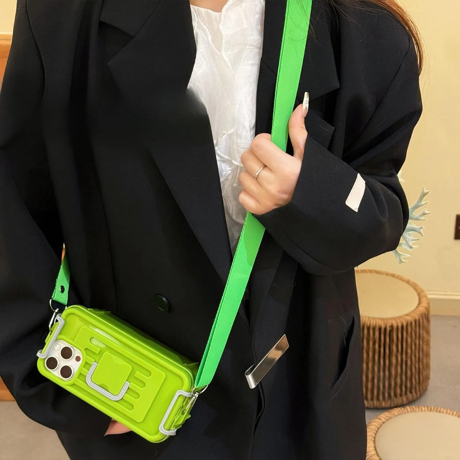Funny Suitcase Crossbody Phone Case, Creative Silicone Cross Body Phone Case with Storage Box 2 in 1 Crossbody Bag Shape Phone Case Can Hold Lipstick Foundation Keys Cards (for iPhone15,Green)