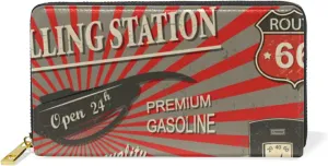 Gas Station Retro Poster Route 66 Car in Red Pattern Style Leather Long Wallet Organizer with Zipper Purse Clutch Bag for Women Men Key Card Coin Passport Checkbook