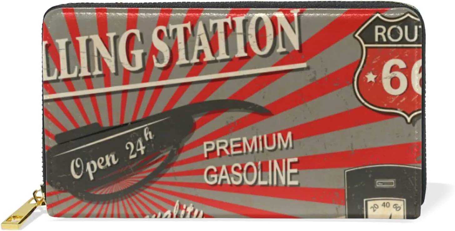 Gas Station Retro Poster Route 66 Car in Red Pattern Style Leather Long Wallet Organizer with Zipper Purse Clutch Bag for Women Men Key Card Coin Passport Checkbook