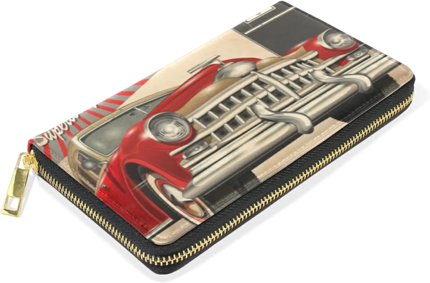 Gas Station Retro Poster Route 66 Car in Red Pattern Style Leather Long Wallet Organizer with Zipper Purse Clutch Bag for Women Men Key Card Coin Passport Checkbook