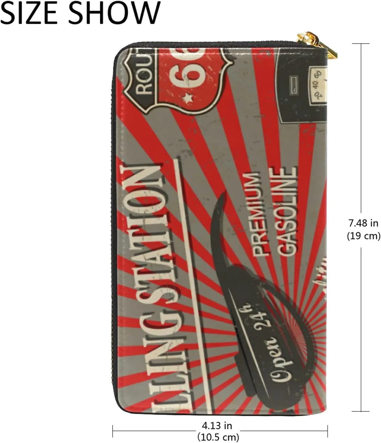 Gas Station Retro Poster Route 66 Car in Red Pattern Style Leather Long Wallet Organizer with Zipper Purse Clutch Bag for Women Men Key Card Coin Passport Checkbook