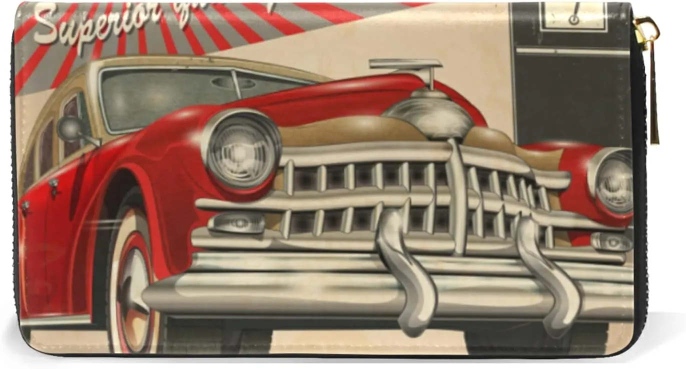 Gas Station Retro Poster Route 66 Car in Red Pattern Style Leather Long Wallet Organizer with Zipper Purse Clutch Bag for Women Men Key Card Coin Passport Checkbook