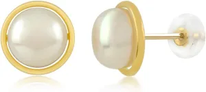 Gem Stone King 14K Yellow Gold 8MM White Button Shape Cultured Freshwater Pearl Stud Earrings For Women
