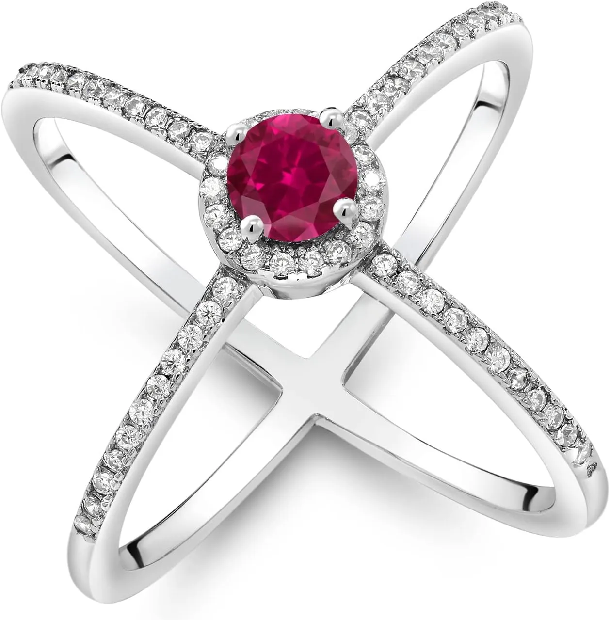 Gem Stone King 1.82 Cttw Round 5MM Red Created Ruby Criss Cross X Ring In 925 Sterling Silver For Women | Available In Size 5, 6, 7, 8, 9