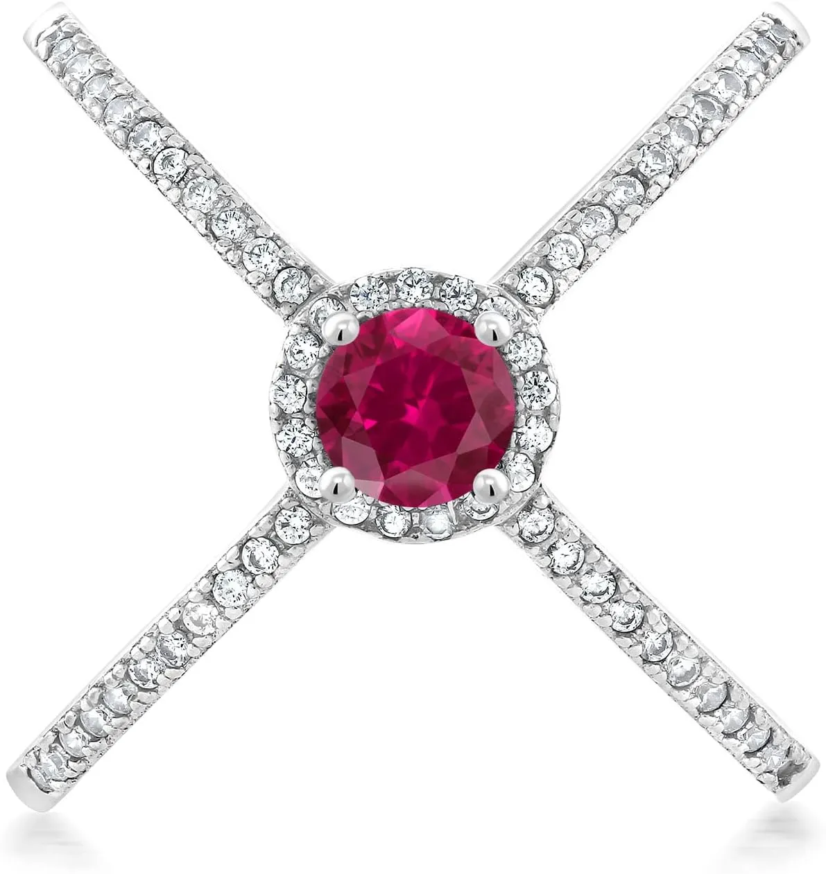Gem Stone King 1.82 Cttw Round 5MM Red Created Ruby Criss Cross X Ring In 925 Sterling Silver For Women | Available In Size 5, 6, 7, 8, 9