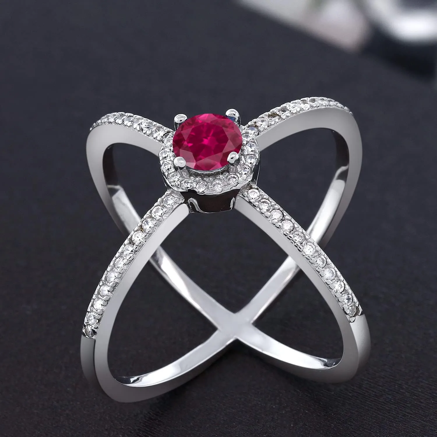 Gem Stone King 1.82 Cttw Round 5MM Red Created Ruby Criss Cross X Ring In 925 Sterling Silver For Women | Available In Size 5, 6, 7, 8, 9