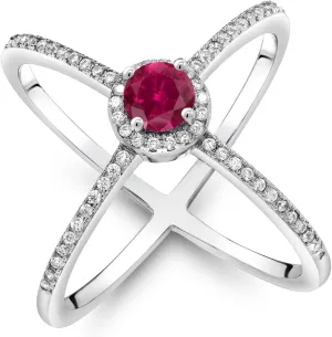 Gem Stone King 1.82 Cttw Round 5MM Red Created Ruby Criss Cross X Ring In 925 Sterling Silver For Women | Available In Size 5, 6, 7, 8, 9
