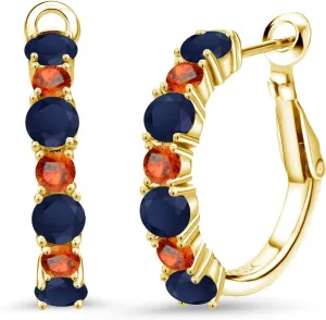 Gem Stone King 18K Yellow Gold Plated Silver Blue Sapphire and Orange Sapphire Hoop Earrings For Women (3.77 Cttw, Gemstone September Birthstone, Round 4MM and 3MM)