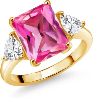 Gem Stone King 18K Yellow Gold Plated Silver Pink Created Sapphire 3 Stone Ring For Women (8.14 Cttw, Emerald Cut 12X10MM, Trillion 5X5MM, September Birthstone, Available in Size 5,6,7,8,9)