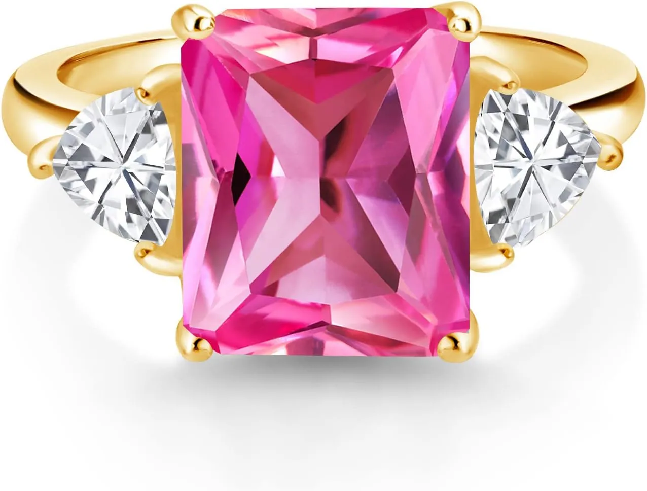 Gem Stone King 18K Yellow Gold Plated Silver Pink Created Sapphire 3 Stone Ring For Women (8.14 Cttw, Emerald Cut 12X10MM, Trillion 5X5MM, September Birthstone, Available in Size 5,6,7,8,9)