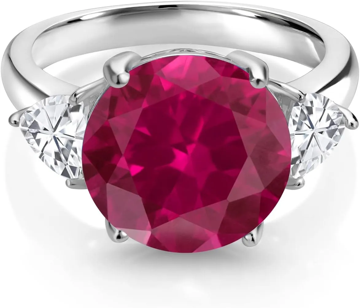 Gem Stone King 8.54 Cttw Red Created Ruby 3-Stone Ring For Women | 925 Sterling Silver | Round 12MM and Trillion 5MM | Available In Size 5, 6, 7, 8, 9