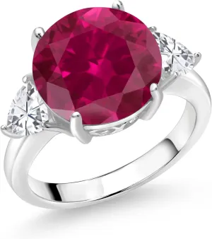 Gem Stone King 8.54 Cttw Red Created Ruby 3-Stone Ring For Women | 925 Sterling Silver | Round 12MM and Trillion 5MM | Available In Size 5, 6, 7, 8, 9