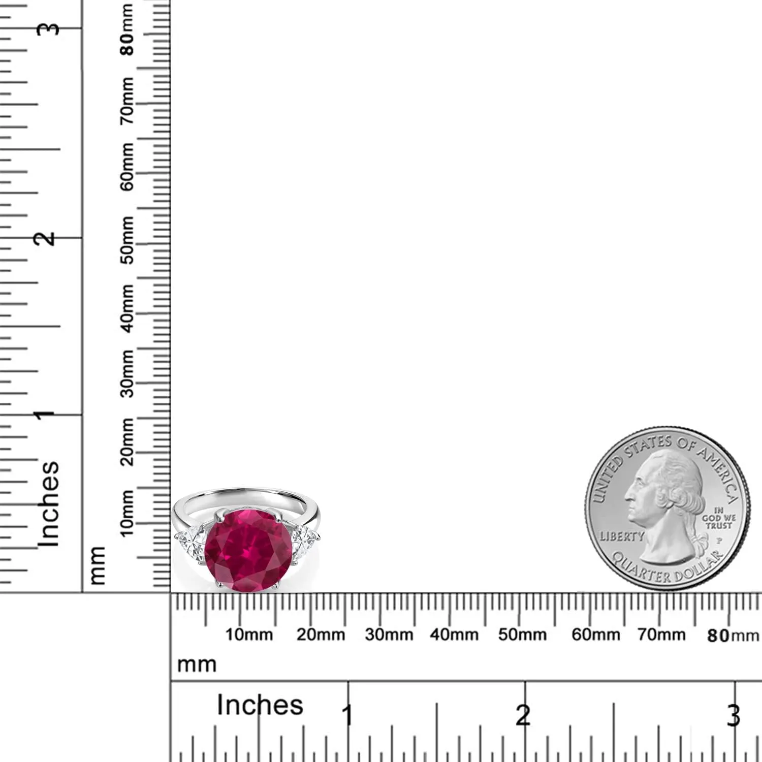 Gem Stone King 8.54 Cttw Red Created Ruby 3-Stone Ring For Women | 925 Sterling Silver | Round 12MM and Trillion 5MM | Available In Size 5, 6, 7, 8, 9