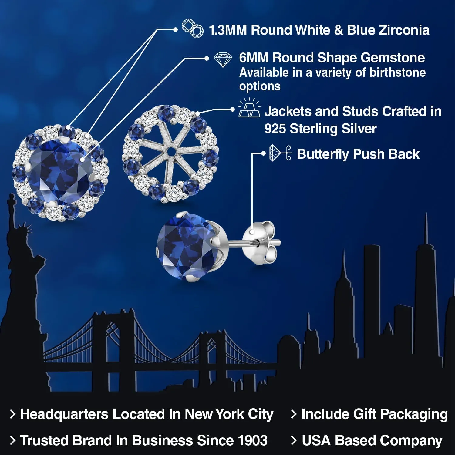 Gem Stone King 925 Sterling Silver 6MM Round Gemstone Birthstone Halo Stud Earrings for Women with Removable Jackets