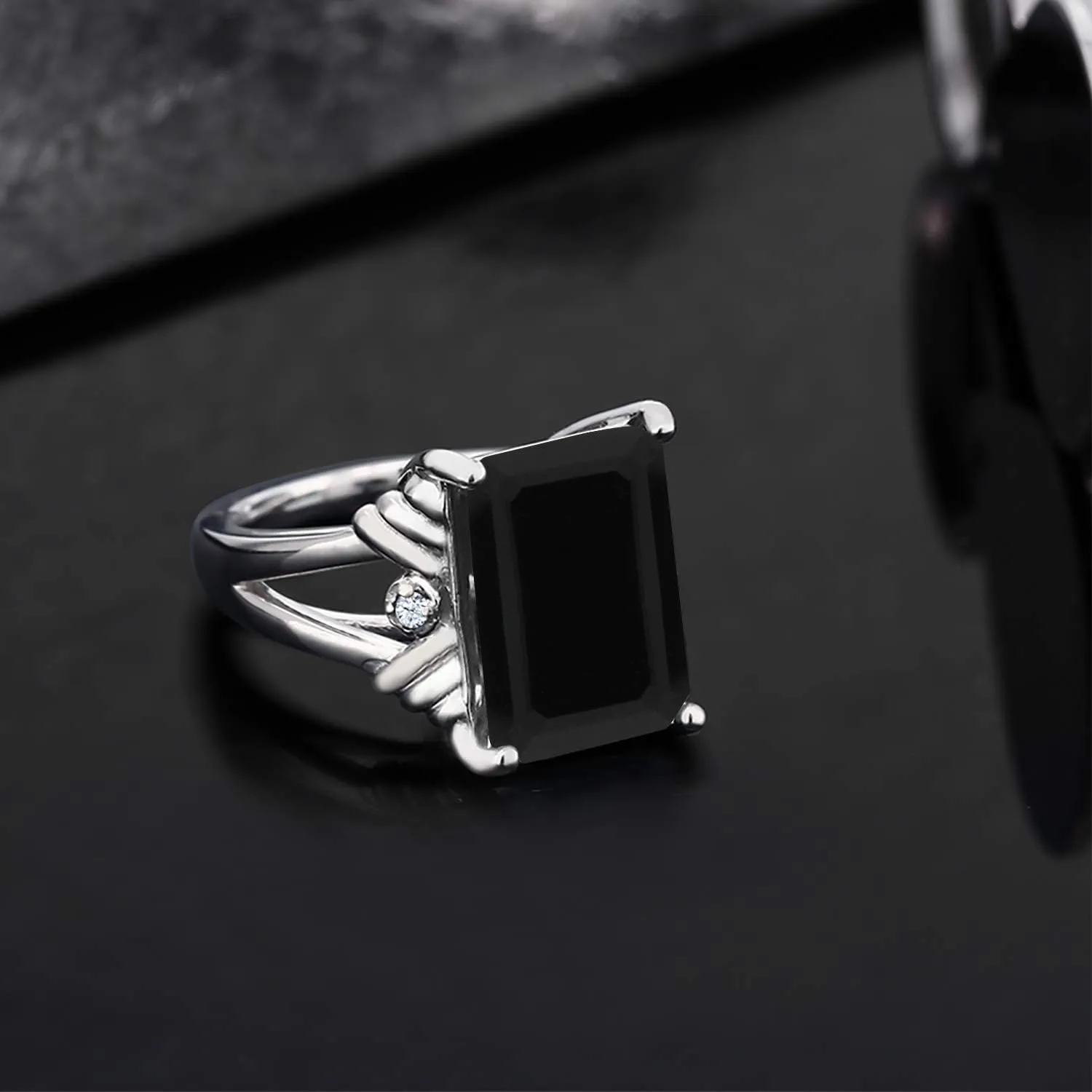 Gem Stone King 925 Sterling Silver Black Onyx and White Created Sapphire Engagement Ring For Women (7.38 Cttw, Gemstone December Birthstone, Emerald Cut 14X10MM, Available in Size 5,6,7,8,9)