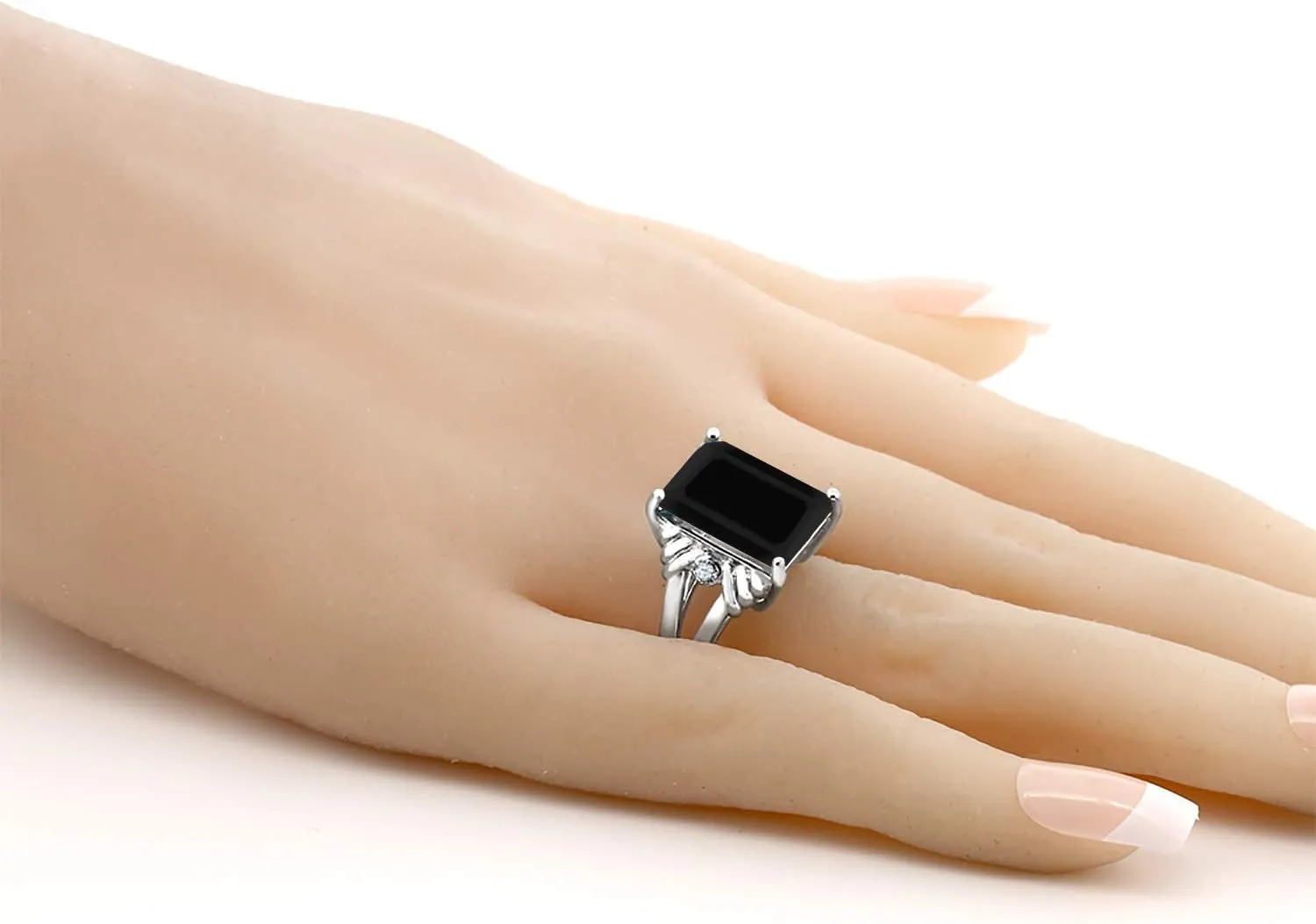 Gem Stone King 925 Sterling Silver Black Onyx and White Created Sapphire Engagement Ring For Women (7.38 Cttw, Gemstone December Birthstone, Emerald Cut 14X10MM, Available in Size 5,6,7,8,9)