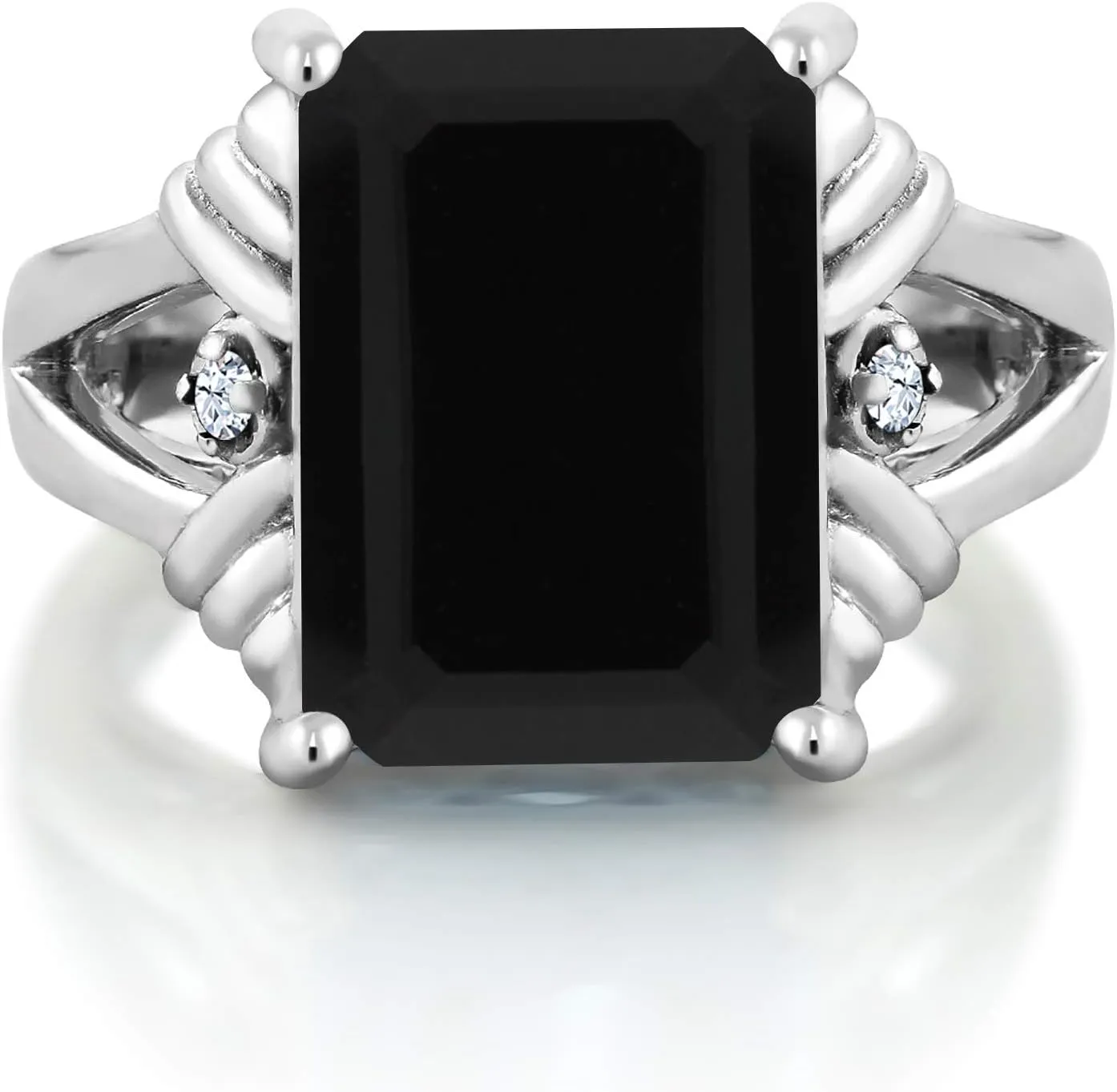 Gem Stone King 925 Sterling Silver Black Onyx and White Created Sapphire Engagement Ring For Women (7.38 Cttw, Gemstone December Birthstone, Emerald Cut 14X10MM, Available in Size 5,6,7,8,9)
