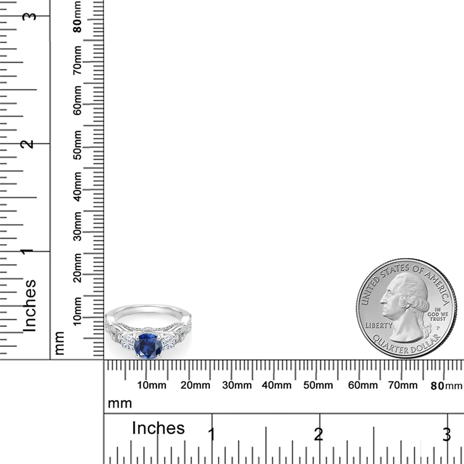 Gem Stone King 925 Sterling Silver Blue Created Sapphire and White Moissanite Engagement Ring For Women (1.47 Cttw, Gemstone September Birthstone, Round 6MM and 3MM)