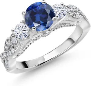 Gem Stone King 925 Sterling Silver Blue Created Sapphire and White Moissanite Engagement Ring For Women (1.47 Cttw, Gemstone September Birthstone, Round 6MM and 3MM)