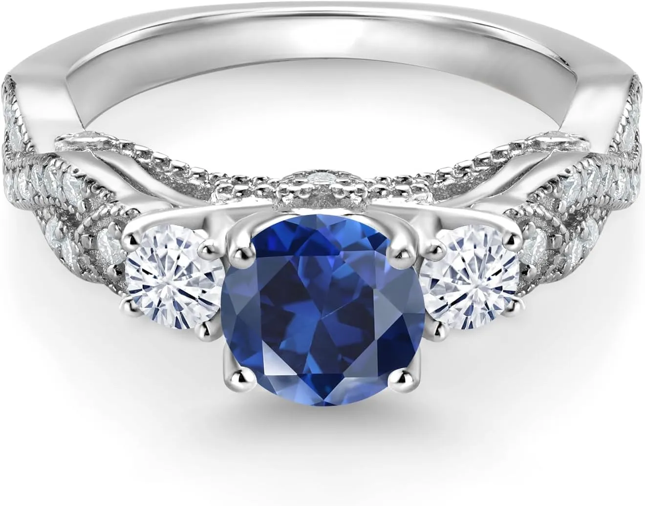 Gem Stone King 925 Sterling Silver Blue Created Sapphire and White Moissanite Engagement Ring For Women (1.47 Cttw, Gemstone September Birthstone, Round 6MM and 3MM)