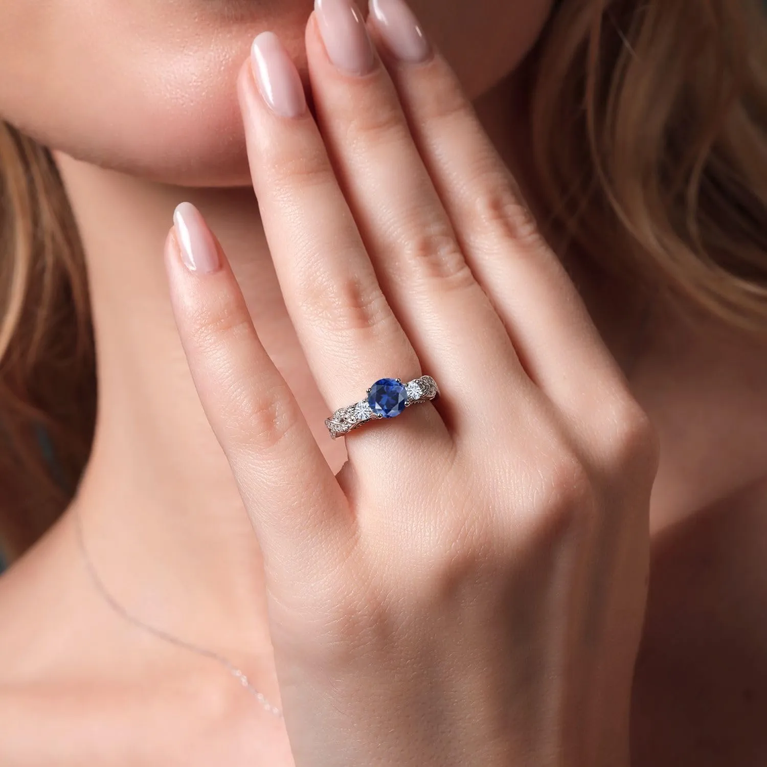 Gem Stone King 925 Sterling Silver Blue Created Sapphire and White Moissanite Engagement Ring For Women (1.47 Cttw, Gemstone September Birthstone, Round 6MM and 3MM)