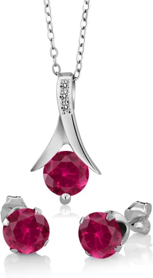 Gem Stone King 925 Sterling Silver Red Created Ruby and White Diamond Pendant and Earrings Jewelry Set For Women (3.05 Cttw, with 18 Inch Silver Chain)