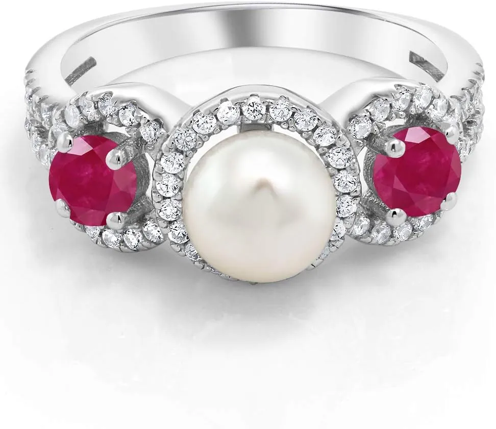 Gem Stone King 925 Sterling Silver Round Cultured Freshwater Pearl and Red Ruby Women Ring (1.40 Cttw, Gemstone Birthstone, Available In Size 5, 6, 7, 8, 9)