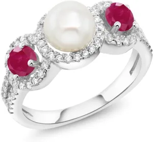 Gem Stone King 925 Sterling Silver Round Cultured Freshwater Pearl and Red Ruby Women Ring (1.40 Cttw, Gemstone Birthstone, Available In Size 5, 6, 7, 8, 9)