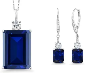 Gem Stone King Blue Created Sapphire Dangle Earrings and 17.83 Cttw Emerald Cut 18X13MM Pendant Necklace Set in 925 Sterling Silver | 18 Inch Chain | September Birthstone | Jewelry Set for Women