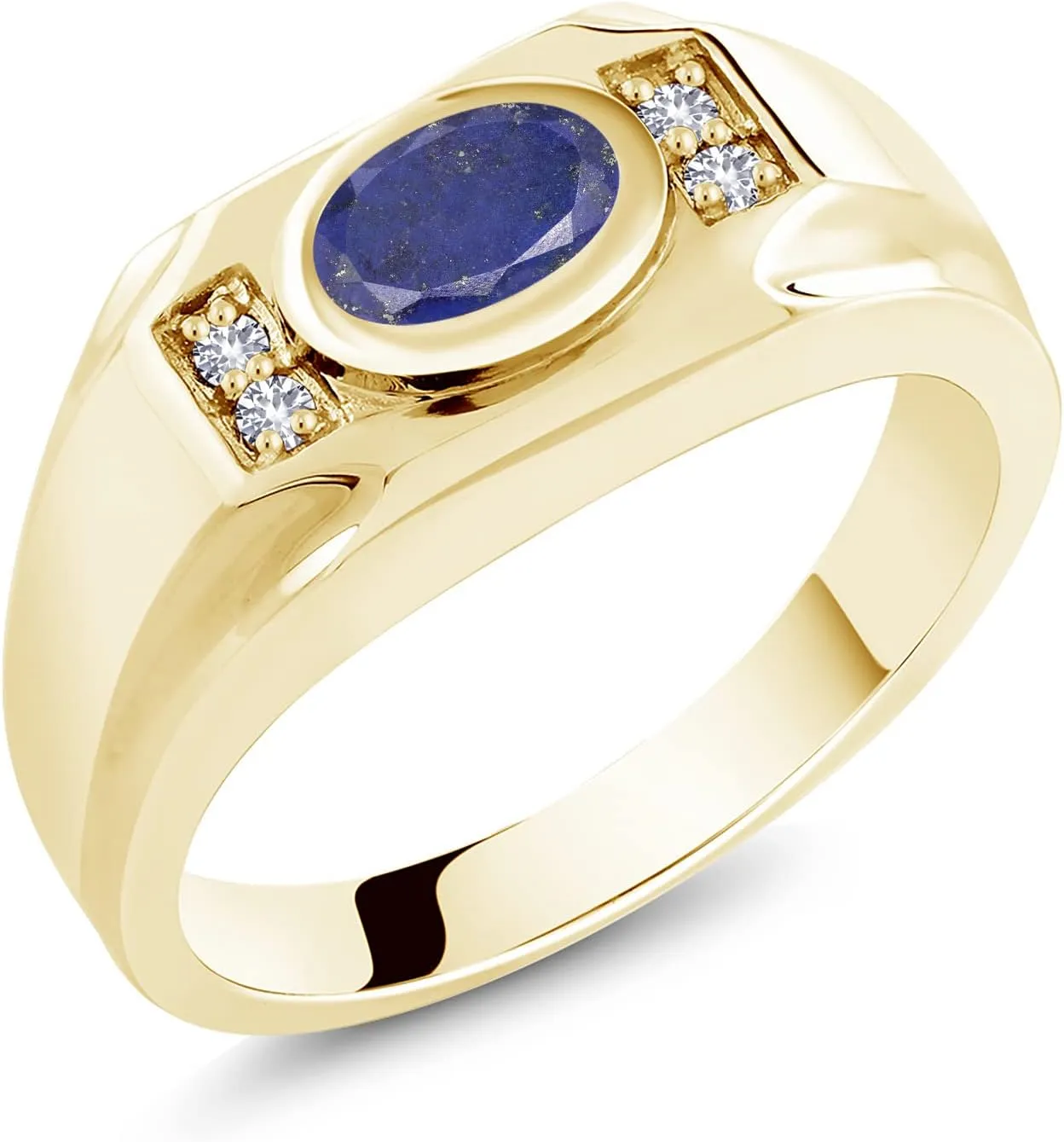 Gem Stone King Men's 18K Yellow Gold Plated Silver Blue Lapis and White Created Sapphire Ring (1.56 Cttw, Gemstone Birthstone, Oval 8X6MM, Available In Size 7, 8, 9, 10, 11, 12, 13)