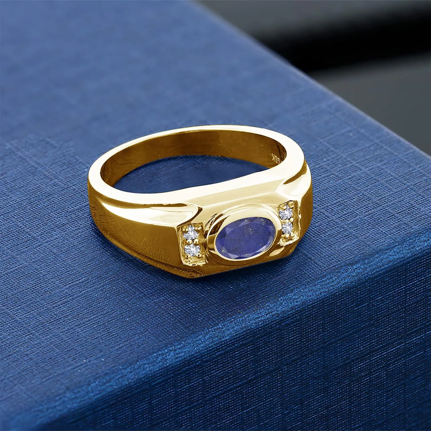 Gem Stone King Men's 18K Yellow Gold Plated Silver Blue Lapis and White Created Sapphire Ring (1.56 Cttw, Gemstone Birthstone, Oval 8X6MM, Available In Size 7, 8, 9, 10, 11, 12, 13)